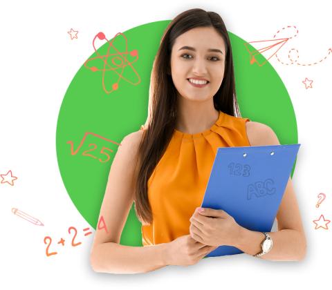 A teacher with green a circle behind her and math inspired clipart floating around her..