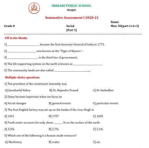 Srikari Public School VIII std Social SA 1 Part 1