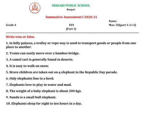 Srikari Public School IV std EVS SA 1 Part 1