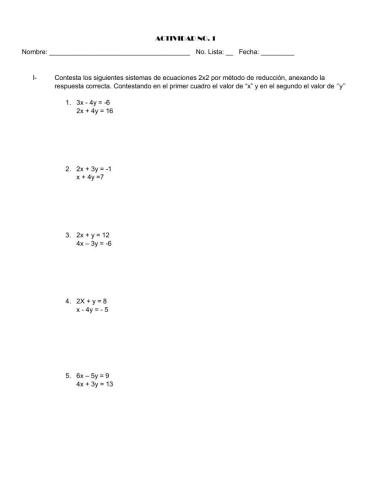 Ejercicios de Sistema de Ecuaciones 2x2 Método de Reducción.