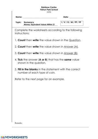 Money Writing + Tick Worksheet - Equivalent Values Within -1 D, L, Y 1