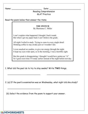 Reading Comprehension GLAT Practice-The Switch