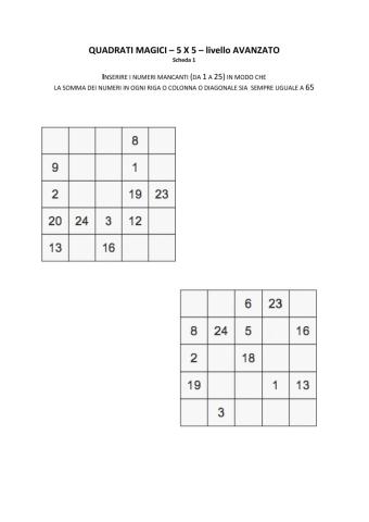 Quadrati magici - 5x5 - livello AVANZATO - n.1
