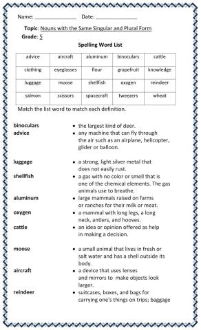 Nouns with the Same Singular and Plural Form Worksheet 3