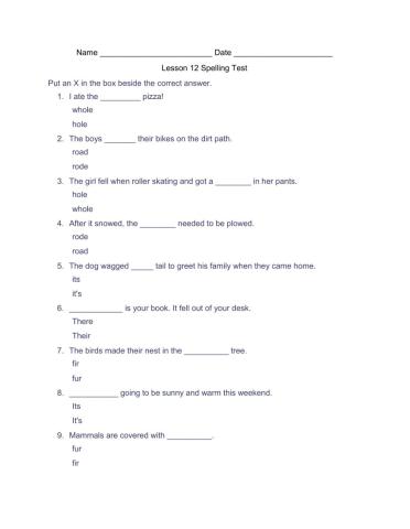 Lesson 12 Homophone Spelling Test