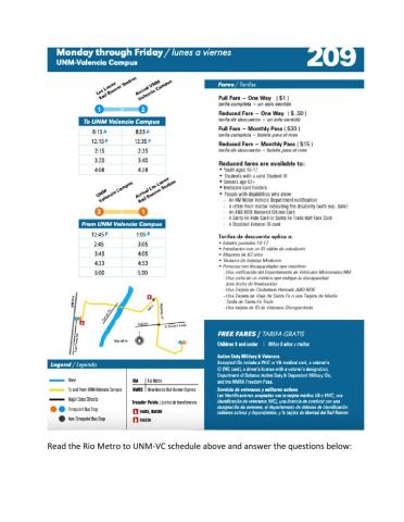 Rio Metro to UNM-VC Bus Schedule