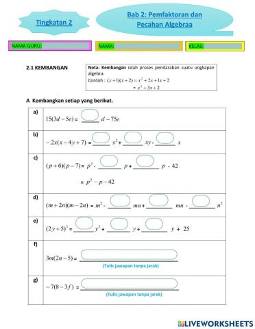 Bab 2 t2 pemfaktoran dan pecahan algebra