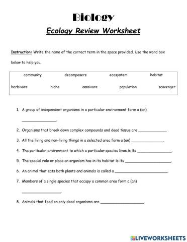 Ecology Review Worksheet