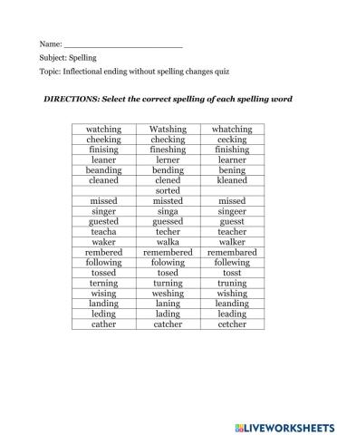 Inflectional endings without spelling changes spelling quiz