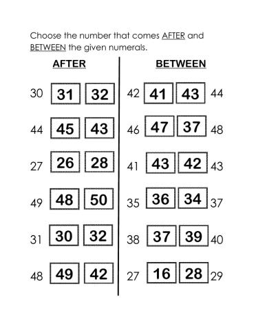 Number AFTER and BETWEEN 1-50