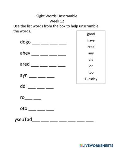 Sight Words Week 12 Unscramble
