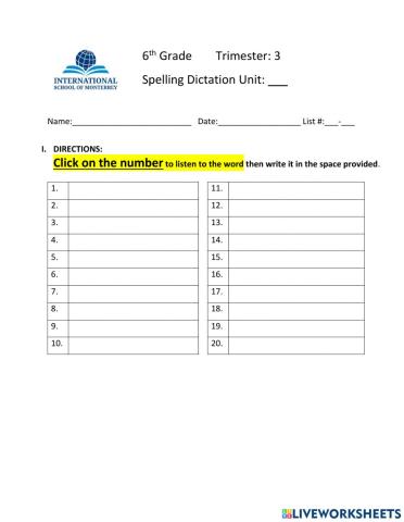 Friday Spelling Quiz Unit 32 with listen