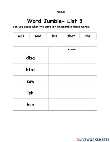 WOW - 5 words - List 3 - Word Jumble