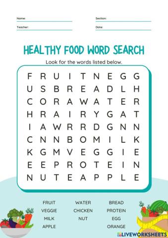 Healthy food wordsearch