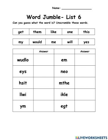 WOW - List 6 - 10 Words - Word Jumble