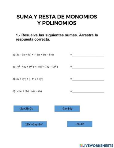 Suma de monomios y polinomios