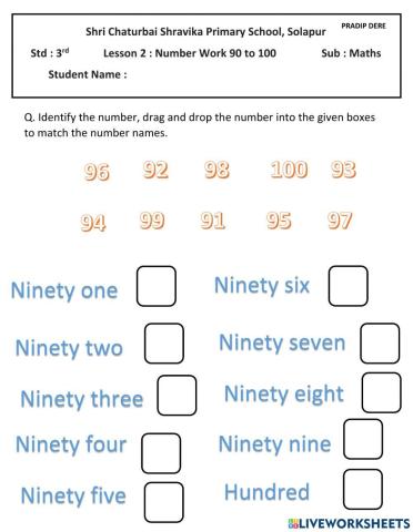 Number work 91 to 100