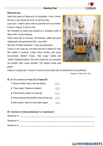 Reading test- a city tour to Lisbon