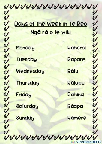 Days of the Week in Te Reo