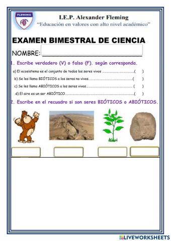 Examen BIMESTRAL de ciencia ECOSISTEMA