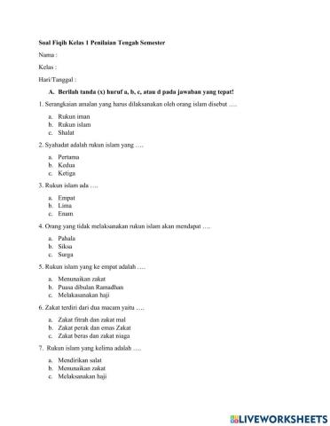 Ujian kelas 1 Fiqih Penilaian Tengah Semester worksheet
