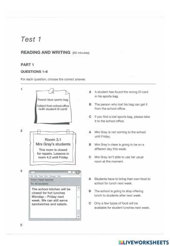 A2 Key Authentic Test 1 Reading and Writing
