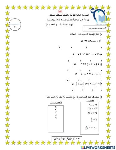 درس المعادلات الصف التاسع الوحدة 6 منهج سلطنة عمان  : اعداد أ : عزيزة تاج السر 
