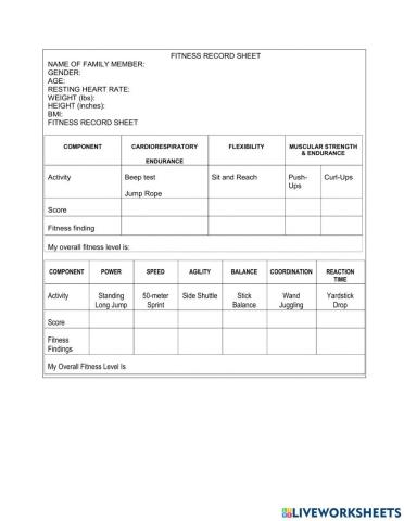 Fitness record sheet for family member
