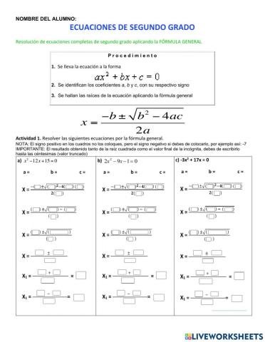 Ecuaciones cuadraticas por fórmula general