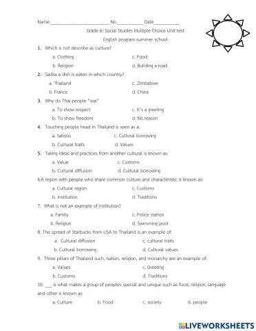 Grade 6 culture vocabulary unit test