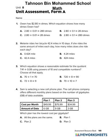 Math revision worksheet unit 8 - divide decimals