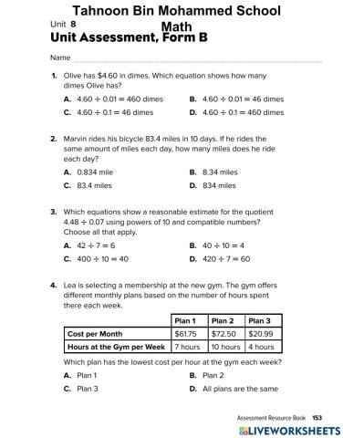 Math revision worksheet-b- unit 8 - devide decimals