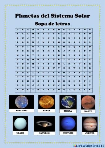 Planetas del Sistema Solar Sopa de letras