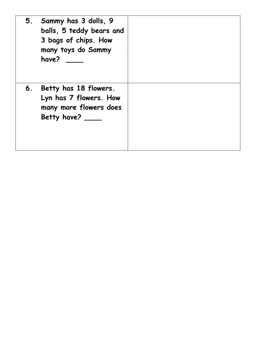Mathematics  Addition and Subtraction word problem facts to 20 Homework