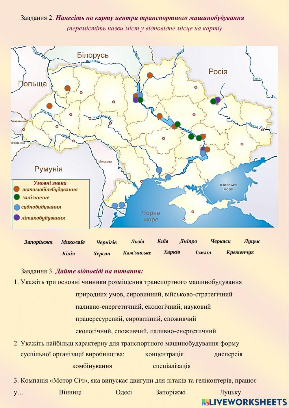 9 клас Позначення на контурній карті України центрів виробництва транспортних засобів та пояснення чинників їх розміщення