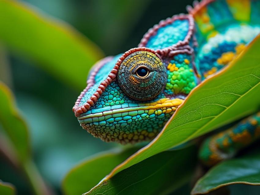 A veiled chameleon on a branch, showing its color-changing skin and eyes.