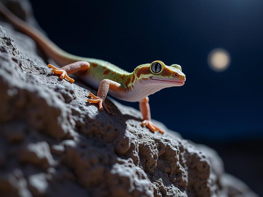 A small Xantus's Leaf-toed Gecko uses its specialized toe pads to cling to a rocky surface at night.