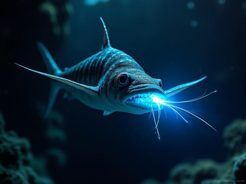 A viperfish glowing with bioluminescence in the deep ocean darkness.