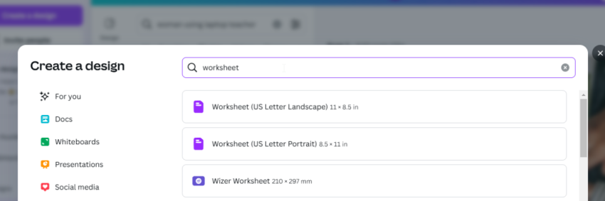 screenshot of canva worksheet creation