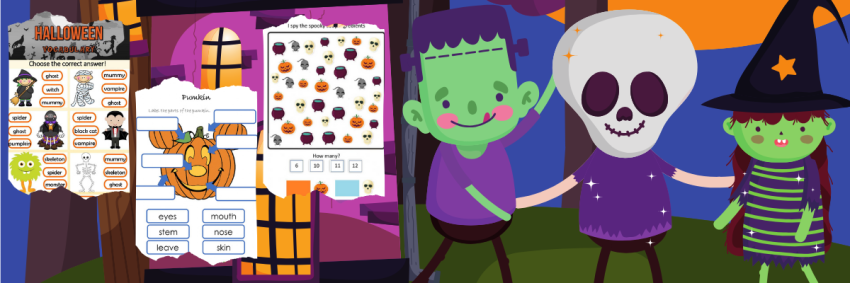 Three halloween worksheets on top of an fun image of halloween 