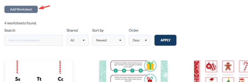 Image of the liveworksheets add worksheet area