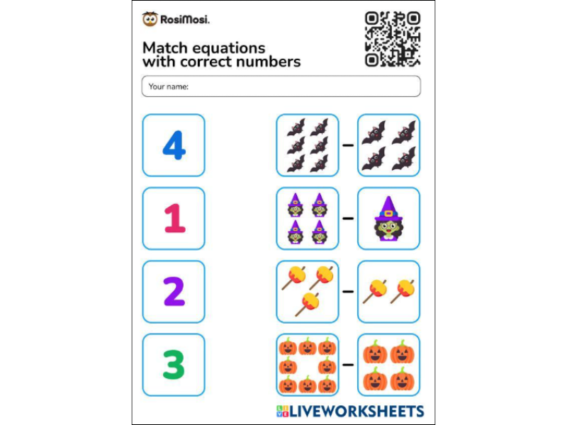 kids halloween counting worksheet with bats and pumpkins