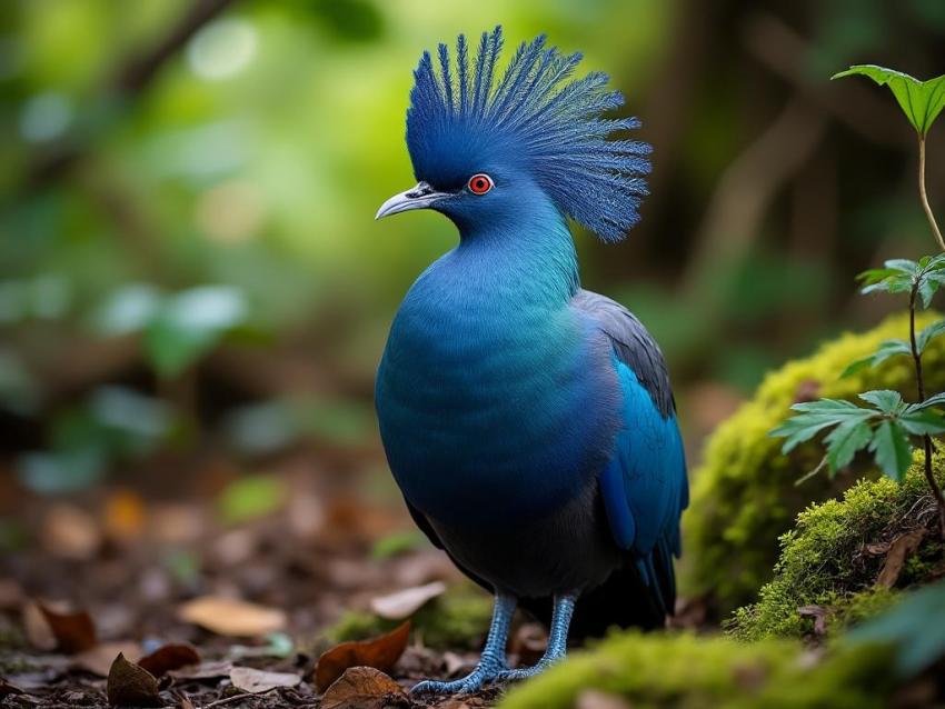 A Victoria Crowned Pigeon with a blue crest walking on the forest floor.