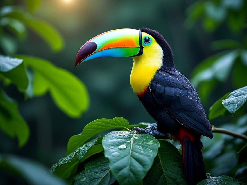 A colorful toucan perches on a branch in a steamy rainforest.