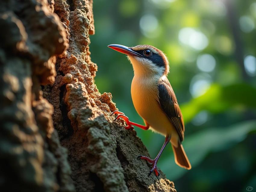 A tiny Xenops bird uses its wedge-shaped bill to chip bark on a tree in a rainforest.