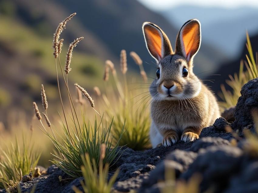 A small volcano rabbit hiding in tall grass on a volcano slope.