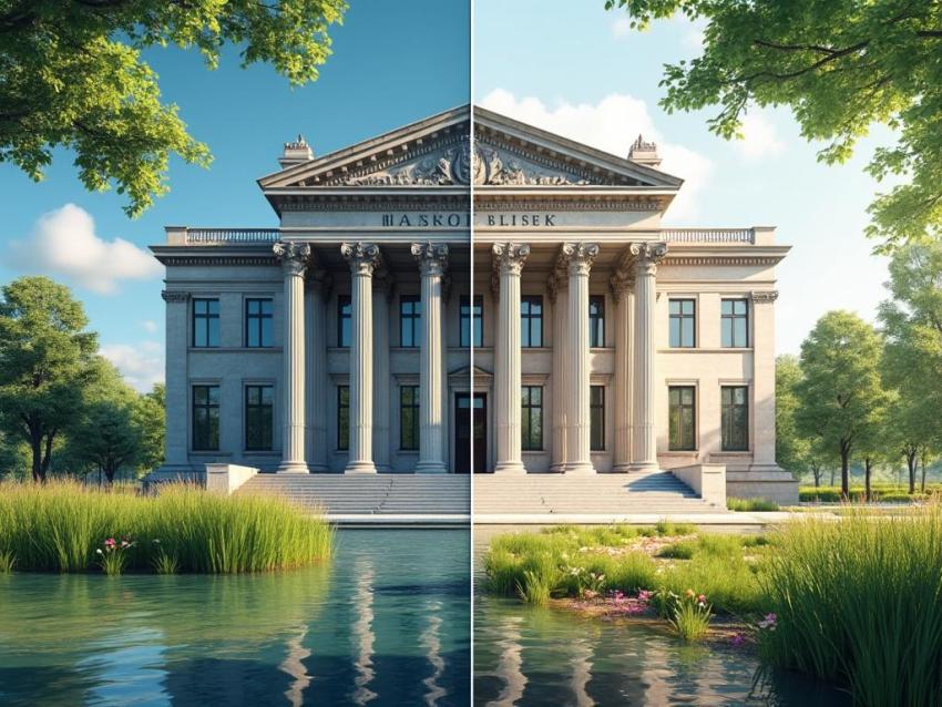 Image showing a financial bank building and a scenic river bank, representing two meanings of 