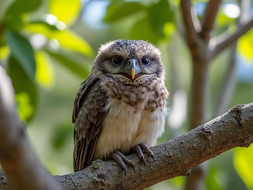 A Tawny Frogmouth bird sits on a tree branch, camouflaged like bark.