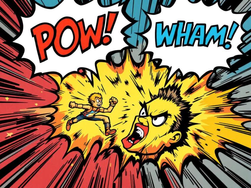 A comic book panel showing action figures with large 'POW!' and 'WHAM!' text bubbles.