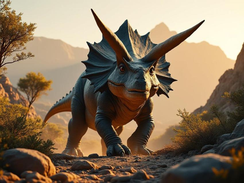 A Xenoceratops dinosaur, a horned dinosaur with a large frill and spikes, stands in a prehistoric landscape.